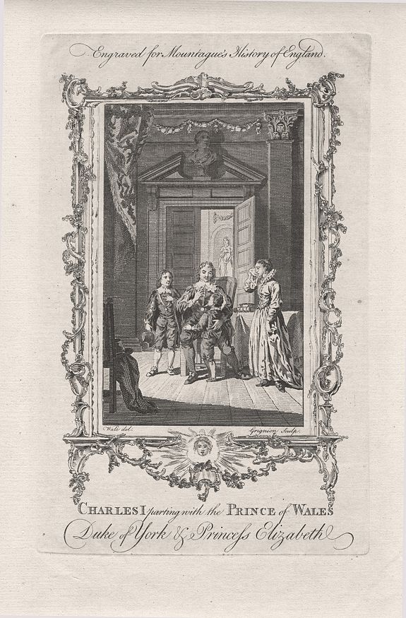 Mountagues History of England., Charles I parting with the Prince of Wales Duke of York and Princess Elizabeth., antique map, old maps