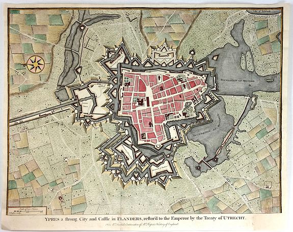 TINDAL / RAPIN., Ypres a Strong City and Castle in Flanders, Restored to the Emperor by the Treaty of Utrecht., antique map, old maps