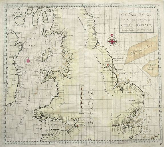 SENEX, J., A Chart Describing part of the coast of Great-Britain, from the South Foreland to Berwick., antique map, old maps
