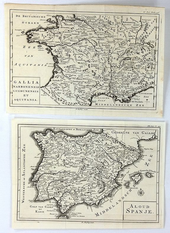 BESSELING, H., (2 Maps) Aloud Spanje & Gallia Narbonensis Lugdunensis et Aquitania, antique map, old maps