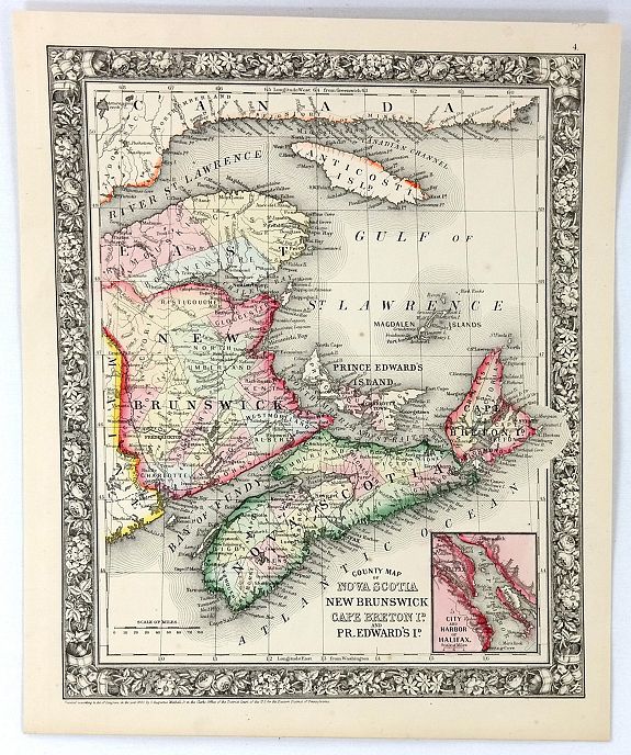 MITCHELL, A., County Map of Nova Scotia, New Brunswick, Cape Breton Island and Prince Edward Island, antique map, old maps
