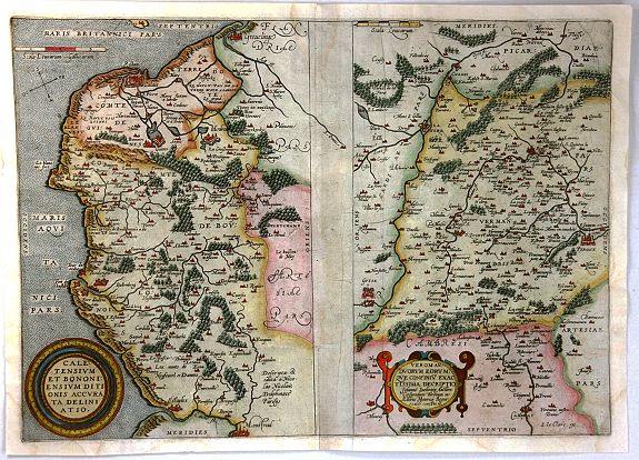 ORTELIUS, A., Caletensium et Bononiensium Ditionis Accurata Delineatio; Vermanduorum Eorumque Confinium Exactissima (2 Maps), antique map, old maps