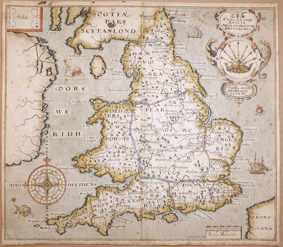 William Hole - Christpher Saxton. , ENGLALOND ANGLIA ANGLOSAXONUM HEPTARCHIA, antique map, old maps