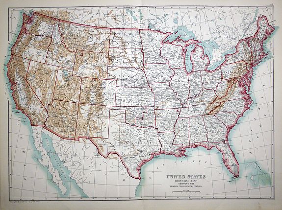 BLACK, Adam & Charles, United States General Map Showing the Pricipal Topographical Features., antique map, old maps