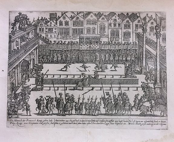 Hogenberg. F., Henry II of France mortally wounded 1559, during jousting tournament, antique map, old maps