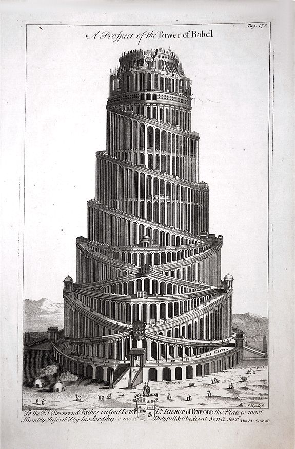 J Mynde - Thomas Stackhouse , A Prospect of the Tower of Babel., antique map, old maps