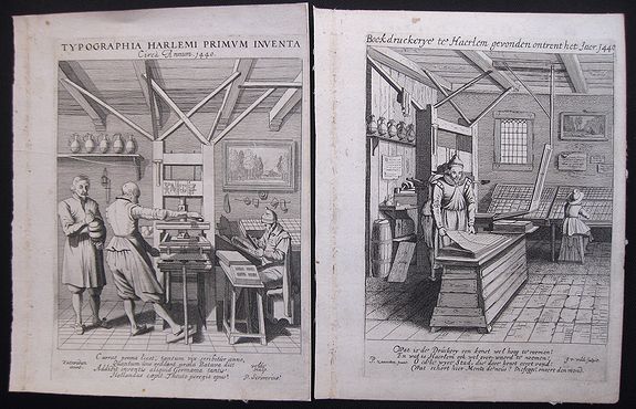 Van de Velde, J., Two famous etchings of a printing office at Haarlem 1440, antique map, old maps