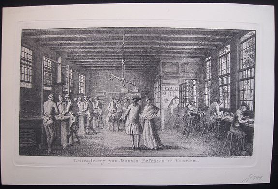 VAN NOORDE, C., Rare etching of a printing office at Haarlem., antique map, old maps