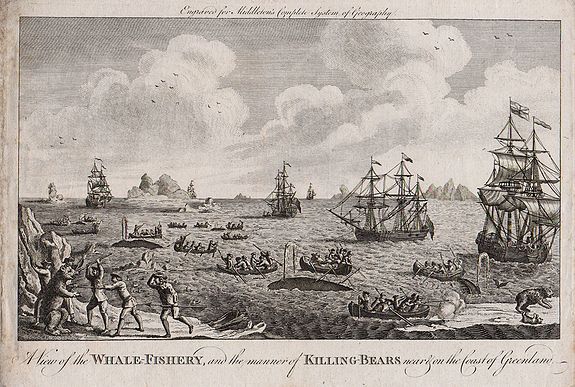 Thomas Bowen - J Cooke., A View of the Whale Fishery and the manner of Killing Bears near & on the cost of Greenland Engraved for Middleton's Complete System of Geography., antique map, old maps