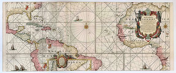 GOOS, P. / VAN KEULEN, J., West-Indische Paskaert waer in de graden der breedde over weder zijden vande middellijn wassende so vergrooten dat die geproportioneert sijn tegen hunne nevenstaende graden de lengde., antique map, old maps