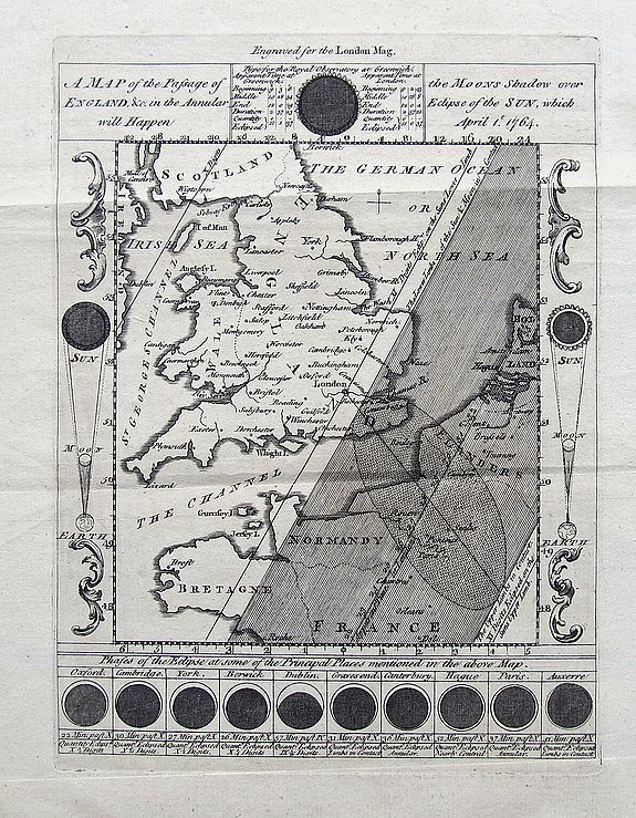 UNKNOWN., A Map of the Passage of the Moons over England &c in the Annular Eclipse of the Sun, which will happen April 1st 1764., antique map, old maps