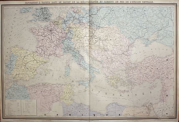 ANDRIVEAU-GOUJON, E., Navigation à vapeur dans le bassin de la Méditerranée et chemin de fer de l'Europe Centrale, antique map, old maps