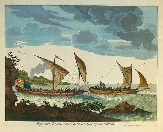 MORTIER, P., Brigantin donnant chasse a une Felouque et prest alaborder., antique map, old maps