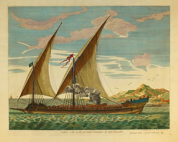 MORTIER, P., Galere a la voille portant l'Estendart de chef d'Escadre., antique map, old maps