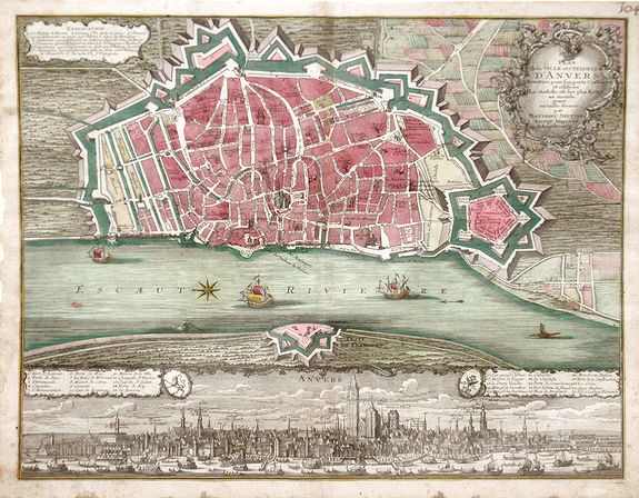 SEUTTER, M, Plan de la Ville et Citadelle d'Anvers Renomee pour fon ports Comerce et edifices La citadelle est des plus fortes au monde, grave en taille douce, antique map, old maps