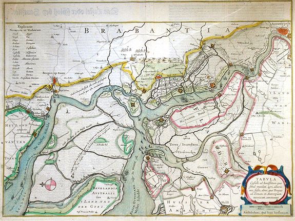 JANSSONIUS, J., Tabula Castelli ad Sanflitam, qua fimul inundati agri, alluvio nes, fossae, alvei, quae Bergas ad Zomam et Anverpiam interjacent, annotantur. . ., antique map, old maps