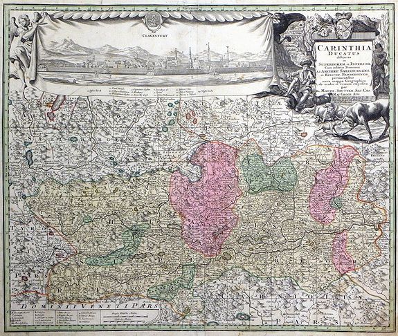 SEUTTER, M., Carinthia Ducatus destineta in Superiorem, et Inferior. Cum infertis Dominiis ad Archiep Salisburgens et Episcop. Bambergensis pertinentibus nova mappa Geographica ob oculos et venum exposita per Matth. Seutter., antique map, old maps