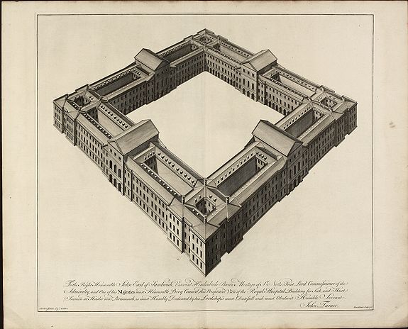 Fourdrinier, P., To the Right Honourable John Earl of Sandwich ... View of the Royal Hospital Building for Sick, and Hurt Seamen at Hasler near Portsmouth, antique map, old maps