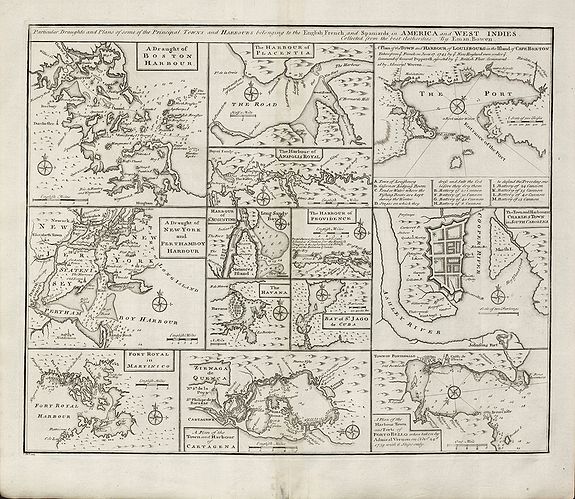 Bowen, E., Particular Draughts and Plans of Some of the Principal Towns and Harbours Belonging to the English, French, and Spaniards, in America and West Indies, antique map, old maps