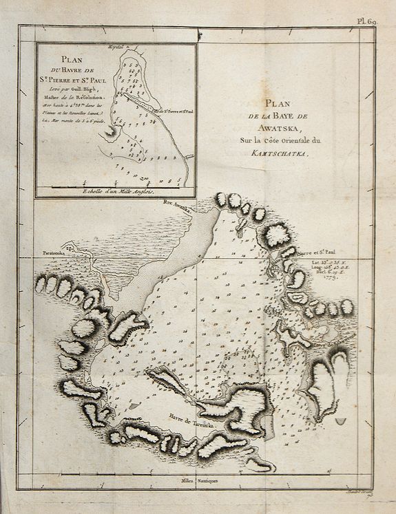 COOK, J., Plan de la Baye de Awatska., antique map, old maps
