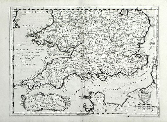 CORONELLI, V, Parte Meridionale del Regno D'Inghilterra, Descritto, e Dedicato Dal P. Cosmografo Coronelli, All Illstrissimo, et Eccellentissimo Signor Caualiere Angelo Morosini, Procuratore de S. Marco, etc., antique map, old maps