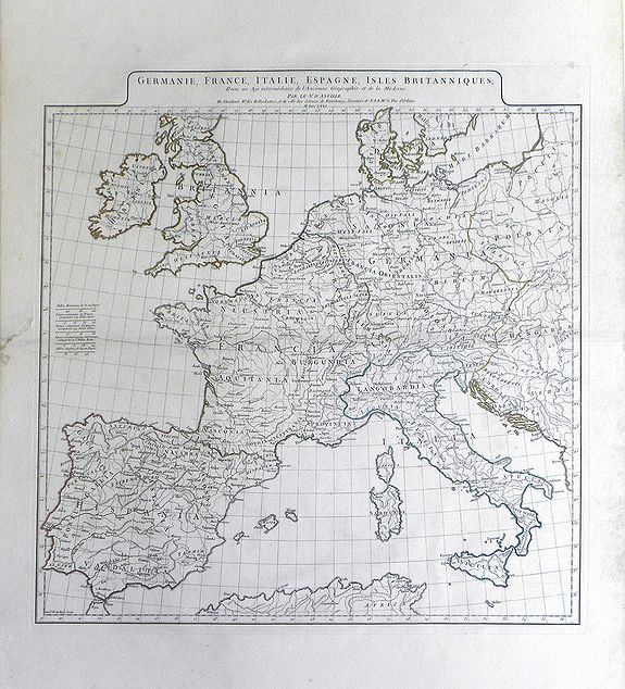 D'ANVILLE, J.B.B., Germanie, France, Italie, Espagne, Isles Britanniques,; Dans un Age intermediaire de l'Anciene Geographie et de la Moderne, antique map, old maps