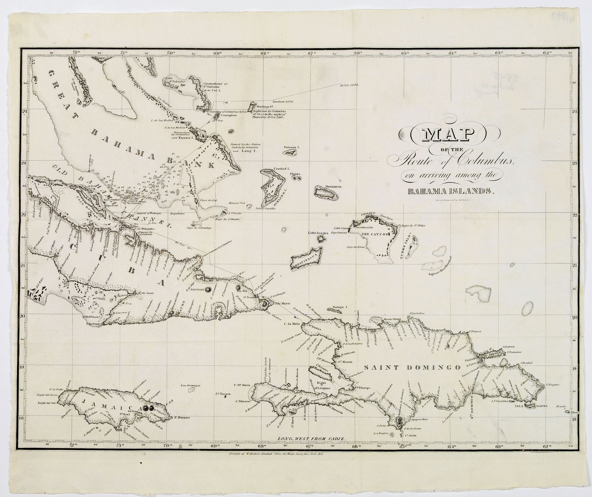 Map of the Route of Columbus, on arriving among the Bahama Islands