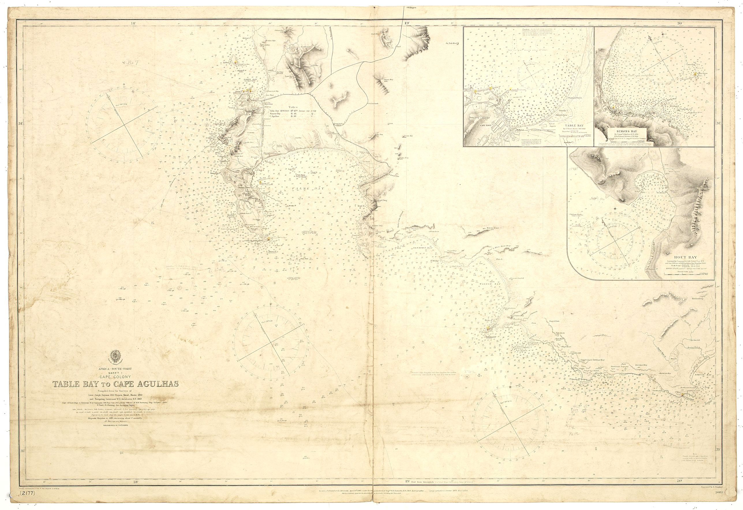 Africa - south coast sheet I Cape Colony Table Bay to Cape Agulhas compiled from the surveys of Lieut Joseph Dayman 1853 Francis Skead Master 1860 and Navigating Lieutenant W E Archdeacon RN 1869... Purey-Cust RN... Rambler 1900.