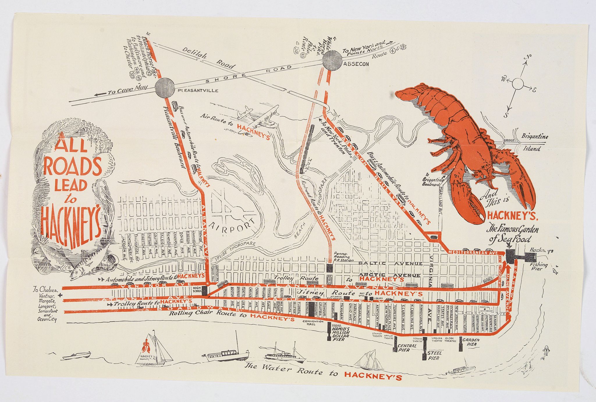 [Publicity map of Atlantic City with all roads leading to Hackney's Famous Garden of Sea Food]