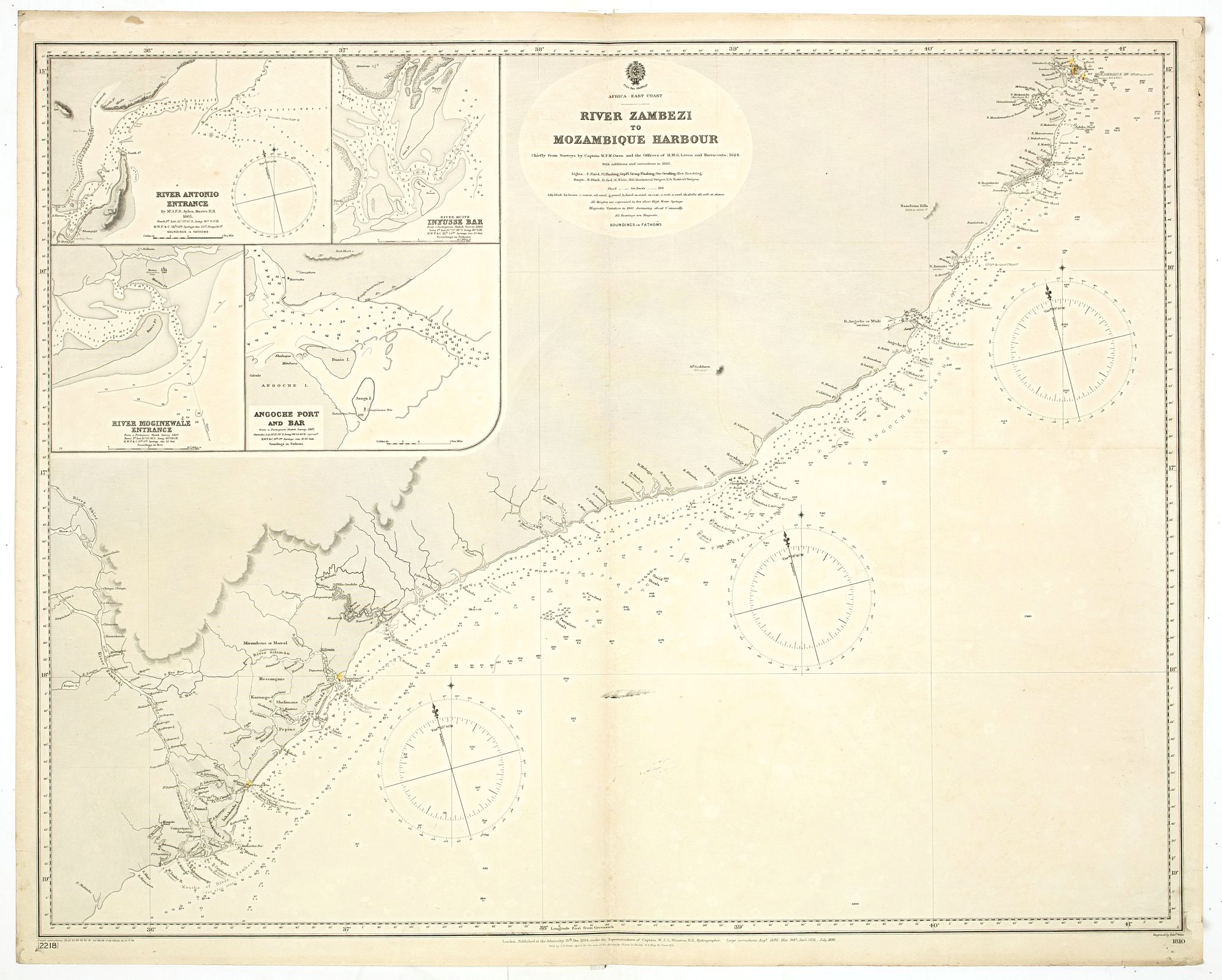 	Africa east coast River Zambezi to Mozambique Harbour surveys by Captain W. F. W. Owen HMS Leven and Barracouta 1824 With additions and corrections to 1883