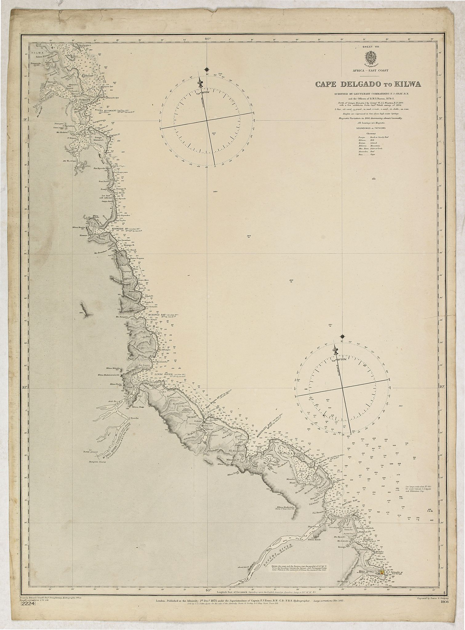 Sheet VIII Africa east coast Cape Delgado to Kilwa surveyed by Lieutenant Commanding FJ Gray RN HMS Nassau 1874-5