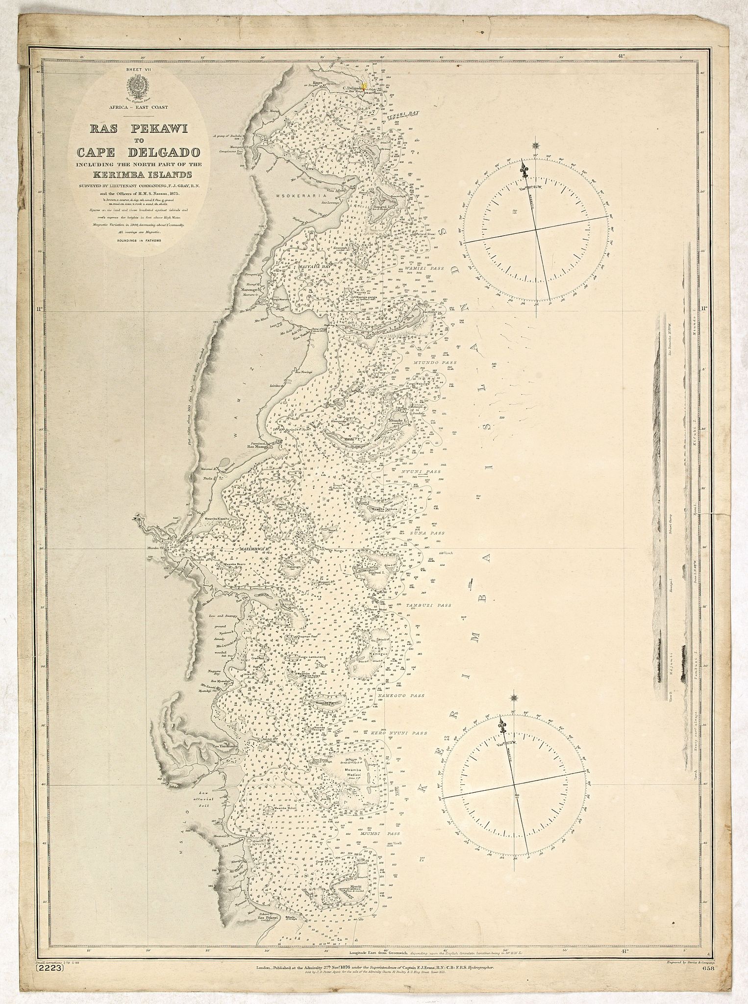 Sheet VII Africa east coast Ras Pekawi to Cape Delgado including the north part of the Kerimba islands Surveyed by Lieutenant Commanding, F. J. Gray, R. N.,  1875