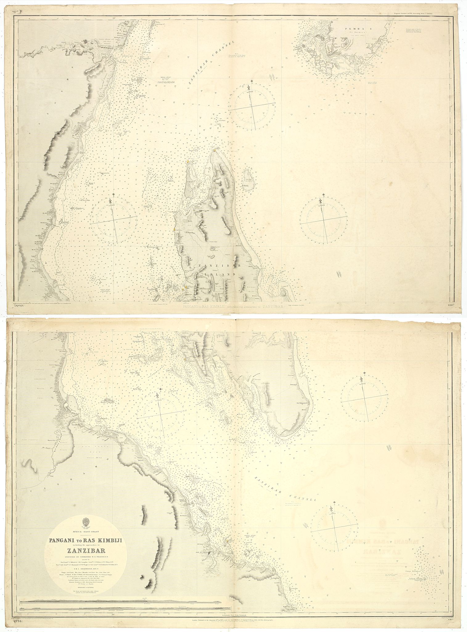 Africa east coast Pangani to Ras Kimbiji including the approaches to Zanzibar Surveyed by commander W. J. L. Wharton. . .
