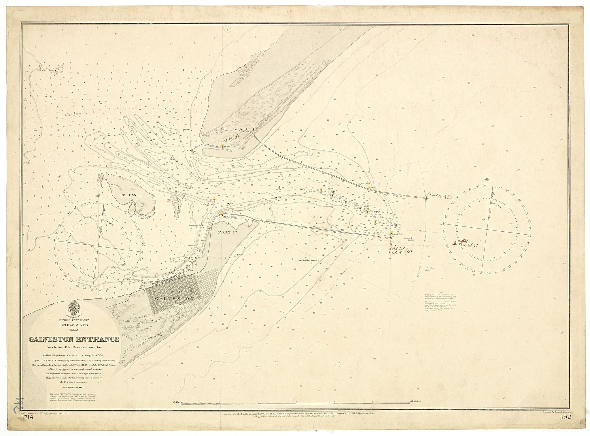 East Coast, Gulf of Mexico, Texas - Galveston Entrance from the latest United States Government Chart.