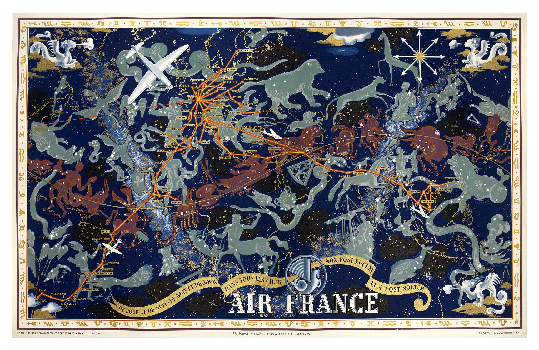 Air France De jour et de nuit - De nuit et de jour, dans les ciels, nox post Lucem lux post noctem, principales lignes exploites en 1938-1939