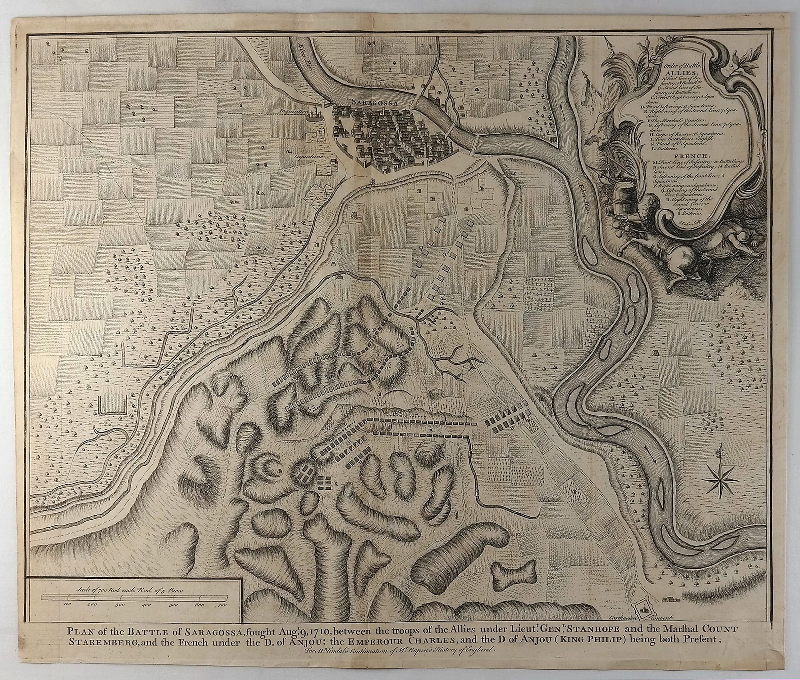 Plan Of The Battle Of Saragossa, Fought Aug, 9. 1710, Between The Troops Of The Allies Under Lieut. Genl. Stanhope And The Marshal Count Staremberg, And The French Under The D. Of Anjou 