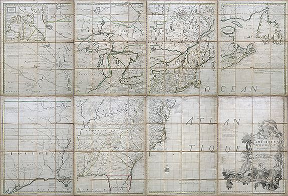 Amerique Septentrionale avec les Routes, Distances en Miles, Limites et Etablissements Francois et Anglois par le Docteur Mitchel ... Corigee en 1776 par M. Hawkins.