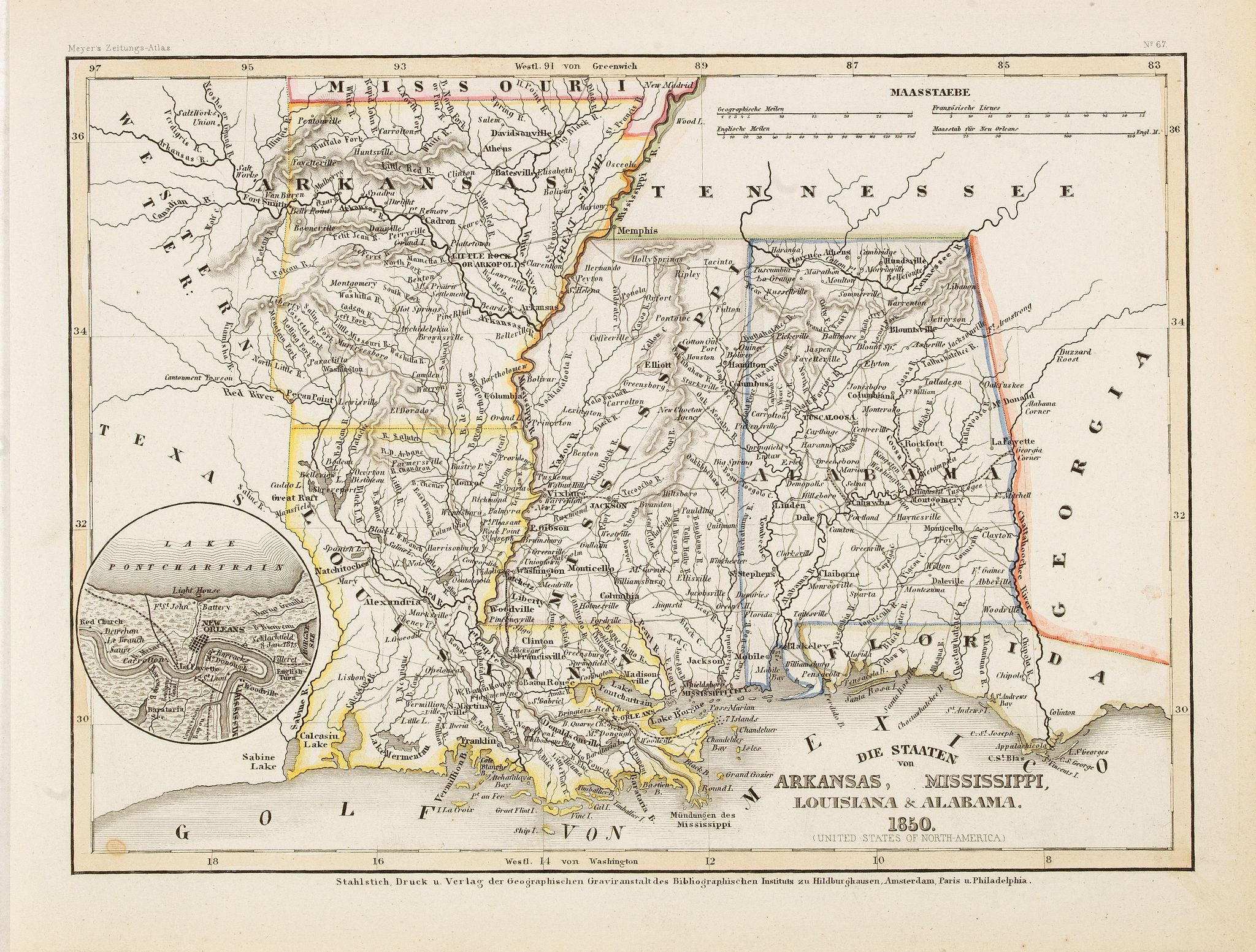 Die staaten von Arkansas, Mississippi, Louisiana & Alabama 1850 - Old map  by MEYER