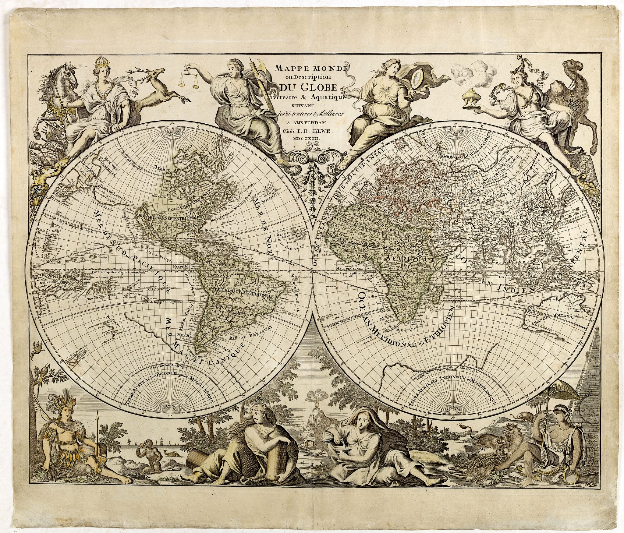Mappe Monde ou description du Globe terrestre & Aquatique.. - Old map ...