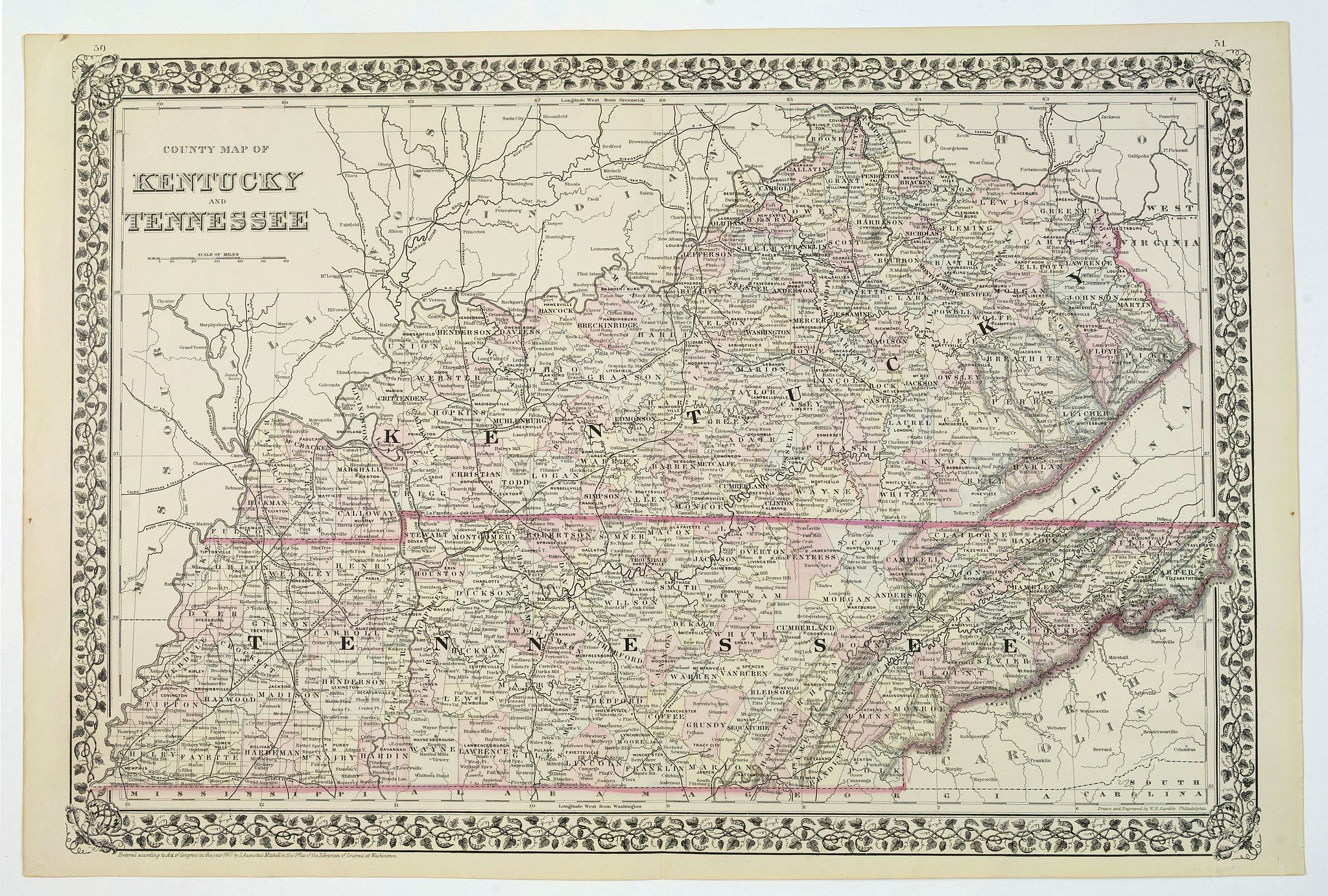 County map of Kentucky and Tennessee. Old map by MITCHELL, S.A.