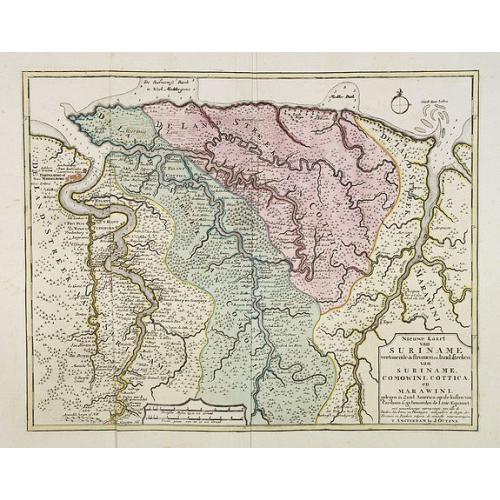 Old map image download for Nieuwe kaart van Suriname vertonende de stromen en land-streken van Suriname, Comowini, Cottica en Marawini, gelegen in Zuid America op de kusten van Caribana. . .