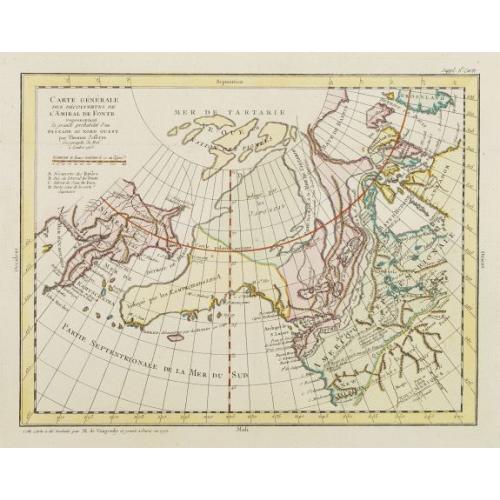 Old map image download for Carte Générale des Découvertes de l'Amiral de Fonte representant la grande probabilité d'un Passage au Nord Ouest. . .