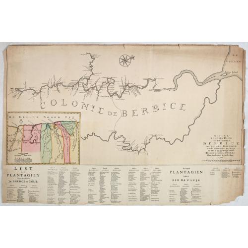 Old map image download for Nieuwe gemeten kaart van de colonie de Berbice : met der zelver plantagien en de namen der bezitters in het ligt gebragt door Reiner & Iosua Ottens kaartverkopers te Amsterdam 1740.
