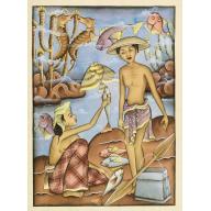 Old, Antique map image download for Balinees watercolor on paper, fisherman.