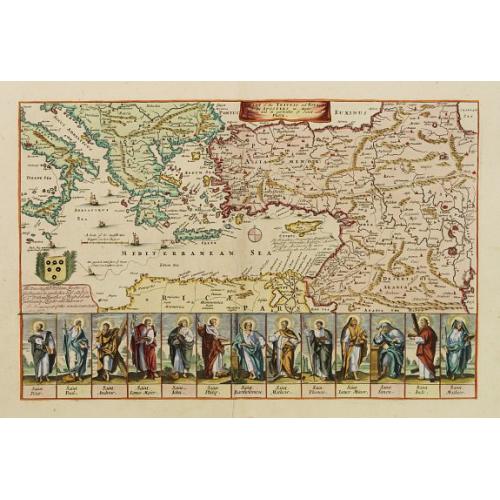 Old map image download for A mapp of the travels and voyages of the apostles..