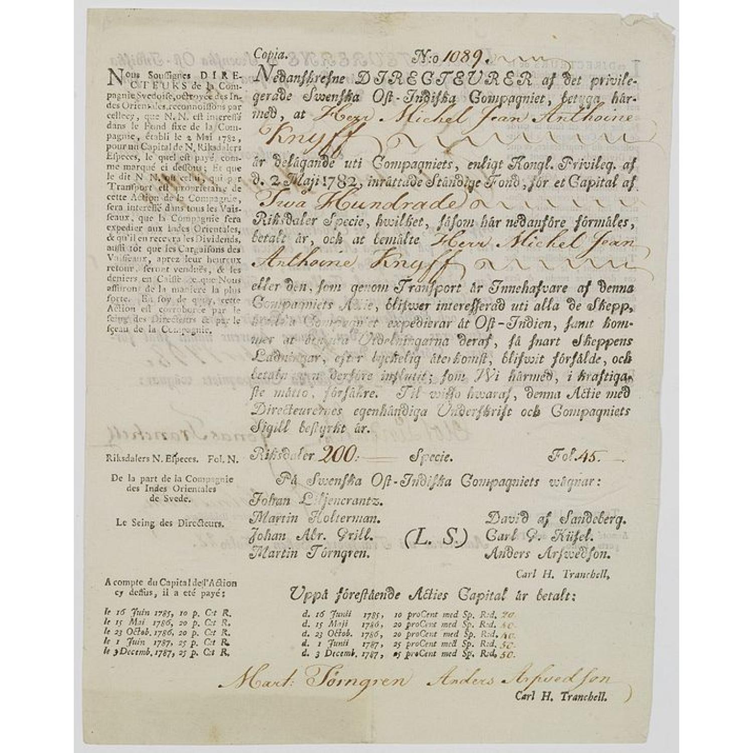 (Very rare share in the Swedish East India Company.) N° 1089