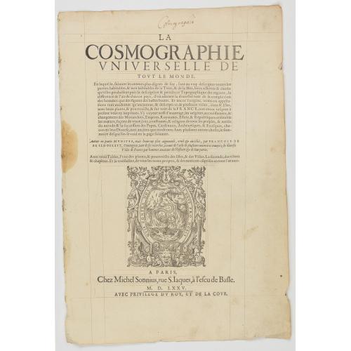 Old map image download for Title page from La Cosmographie Universelle..