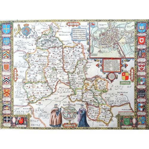 Rare, antique map of  Oxfordshire, describes with ye cities and the Armes of the colledges of ye famous university ao.1605