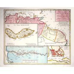 Kaart van geheel Guajana of de Wilden -Kust / Het Eiland Kurassau. / De Haven en 't Kasteel van Kurassau / Kaart van de Volksplanting aan Demerary en Rio d'Essequebo.