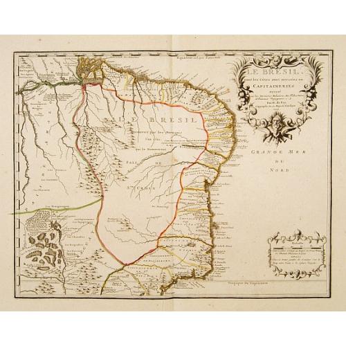 Old map image download for Le Bresil. Dont les Côtes sont divisées en Capitaineries. . .